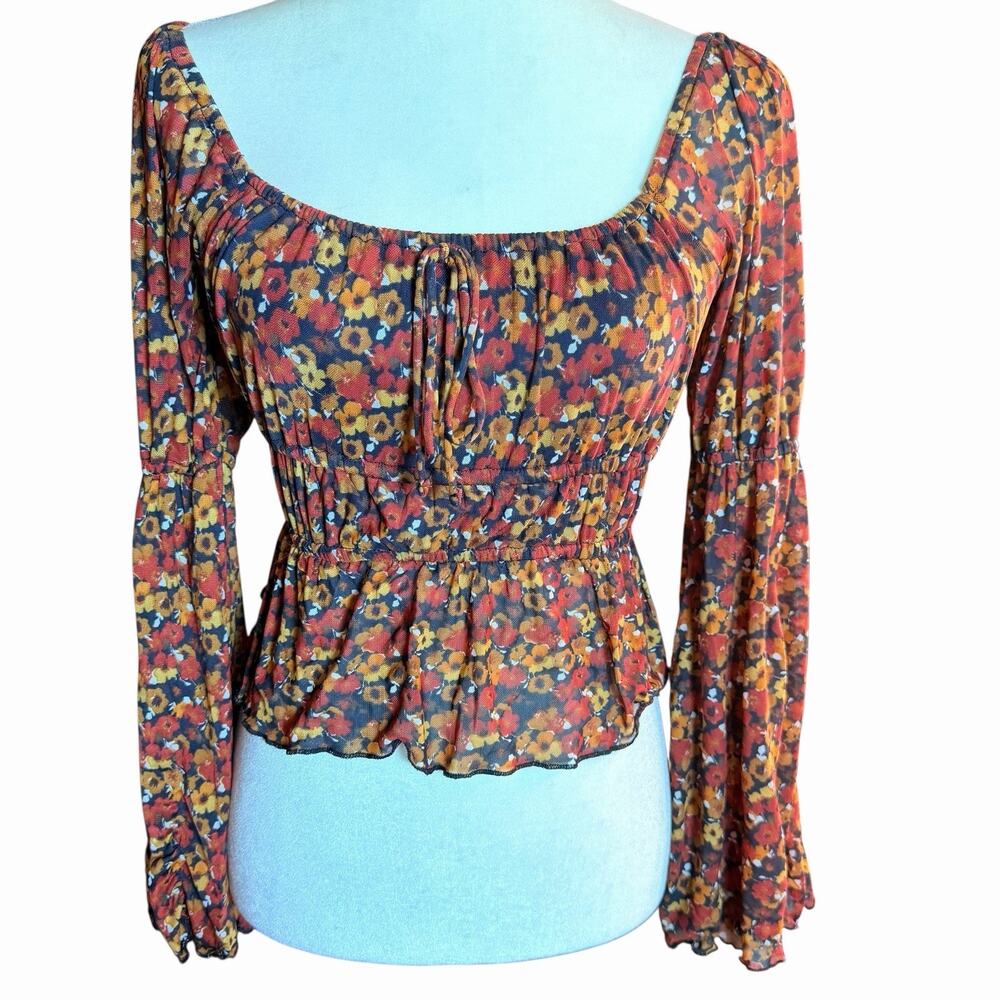 Mixed Threads Red Black Floral Peasant Flared Sleeve Mesh Milkmaid S Bohemian